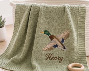 Personalized Mallard Duck Knit Baby Blanket, Sage Green Nursery Decor, Custom Name Keepsake