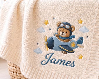 Personalized Baby Blanket with Aviator Bear Airplane, Custom Name Cream Knit Nursery Throw, Baby Shower Gift, Newborn Keepsake for Boys