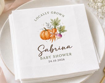 Personalized Locally Grown Baby Shower Napkins, Custom Name Date Pumpkin Napkins, Fall Garden Party Decor, Autumn Baby Shower Tableware