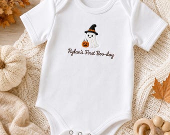 Personalized First Boo Day Baby Bodysuit, Halloween Ghost Bodysuit, Custom Name Birthday Outfit, Cute Pumpkin Witch Gift for Baby Boy