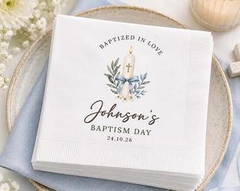 Personalized Baptism Napkins, Baptized in Love Christening Napkins, Custom Name Date Party Decor, Blue Cross Baptism Tableware Gift