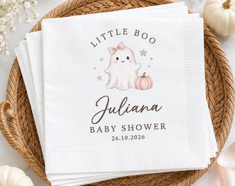Personalized Little Boo Baby Shower Napkins, Custom Name Date Ghost Napkins, Pink Halloween Party Decor, Girl Baby Shower Tableware