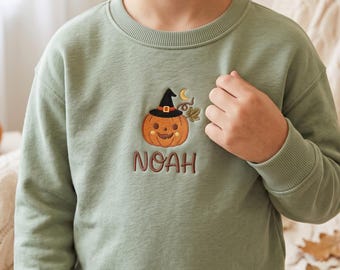 Personalized Kids Pumpkin Sweatshirt, Custom Name Halloween Crewneck, Embroidered Witch Pumpkin Sweater, Fall Gift for Boys and Girls