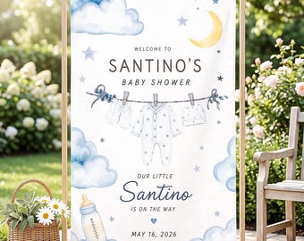 Personalized Baby Shower Welcome Sign, Moon and Clouds Banner, Custom Name Boy Shower Backdrop, Blue Stars Nursery Party Decor Sign