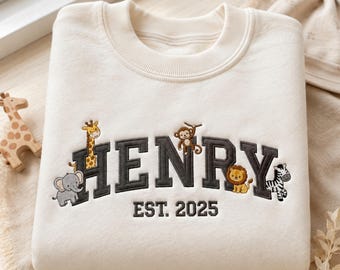 Personalized Kids Safari Sweatshirt, Custom Name Embroidered Crewneck, Jungle Animal Birthday Gift, Toddler Zoo Sweater, Est Year Pullover
