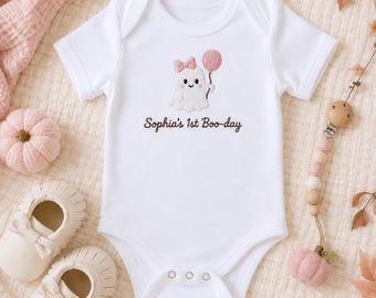 Personalized First Boo Day Baby Bodysuit, Custom Name Ghost Halloween Outfit, Pink Birthday Romper, Cute First Birthday Gift for Baby Girl