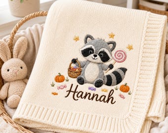 Personalized Raccoon Baby Blanket, Embroidered Halloween Candy Throw, Custom Name Knit Nursery Blanket, Woodland Newborn Gift for Kids