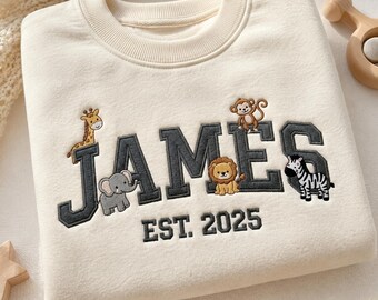 Personalized Kids Safari Sweatshirt, Custom Name Embroidered Crewneck, Jungle Animal Toddler Gift, Zoo Birthday Sweater, Est Year Pullover