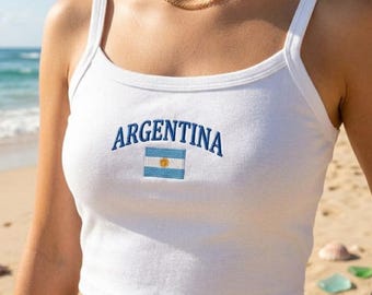 Argentina Embroidered Crop Tank Top, Womens Country Flag Summer Travel Shirt