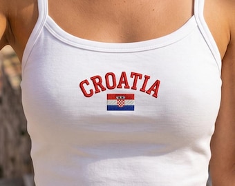 Croatia Embroidered Crop Tank Top, Croatian Flag Beach Outfit, Ribbed Cotton Cami