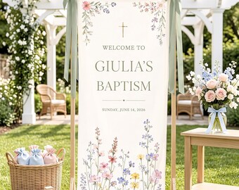 Personalized Baptism Welcome Sign, Floral Christening Banner, Custom Name Church Decor, Wildflower Cross Backdrop for Baby Baptism