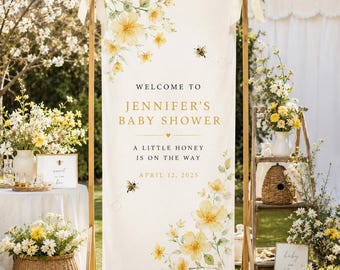Personalized Bee Baby Shower Welcome Sign, A Little Honey Is on the Way Banner, Yellow Floral Garden Party Backdrop for Spring Events