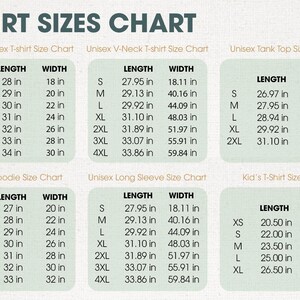 May include: Shirt size chart with measurements in inches for adult unisex t-shirts, V-neck t-shirts, tank tops, hoodies, and long-sleeve shirts. Also includes kid's t-shirt sizes.