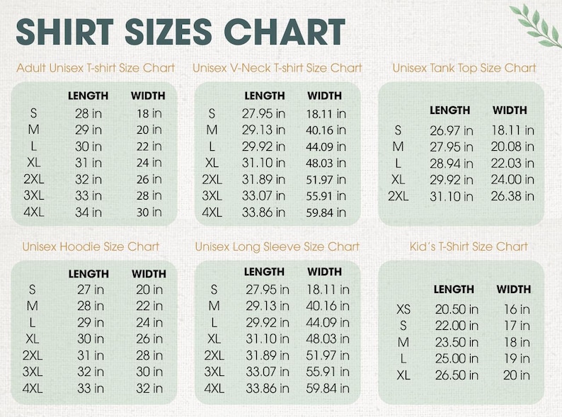 May include: Shirt size chart with measurements in inches for adult unisex t-shirts, V-neck t-shirts, tank tops, hoodies, and long-sleeve shirts. Also includes kid's t-shirt sizes.