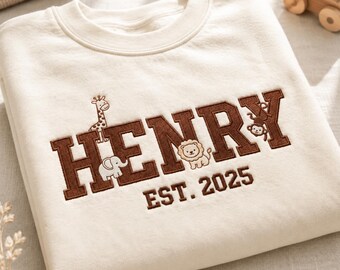 Personalized Kids Safari Sweatshirt, Custom Name Embroidered Crewneck, Jungle Animal Toddler Gift, Zoo Birthday Sweater, Est Year Pullover
