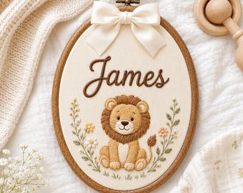 Personalized Lion Embroidery Hoop, Custom Name Nursery Art, Safari Baby Gift, Floral Keepsake
