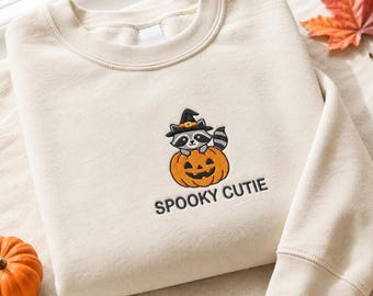 Kids Spooky Cutie Raccoon Sweatshirt, Embroidered Halloween Crewneck, Witch Pumpkin Sweater, Cute Fall Gift for Kids, Boys and Girls