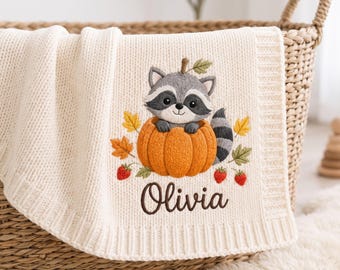 Personalized Raccoon Baby Blanket, Embroidered Pumpkin Nursery Throw, Custom Name Knit Blanket, Woodland Fall Newborn Gift for Kids