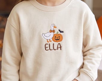 Personalized Kids Silly Goose Halloween Sweatshirt, Custom Name Pumpkin Crewneck, Embroidered Fall Sweater, Cute Halloween Gift for Kids