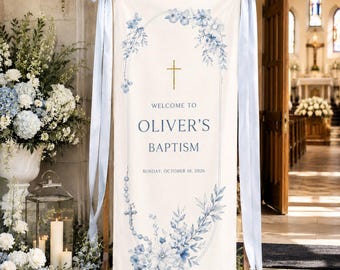 Personalized Baptism Welcome Sign, Blue Floral Christening Banner, Custom Name Church Decor, Rosary Cross Baby Baptism Backdrop Sign
