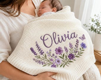 Personalized Lavender Floral Baby Blanket, Embroidered Name Knit Throw, Nursery Keepsake