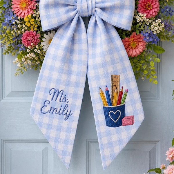 Personalized Teacher Gingham Sash, Embroidered Pencil Cup Name Door Bow, Classroom Decor
