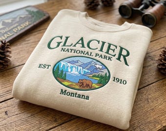 Glacier National Park Embroidered Sweatshirt, Montana Nature Hiking Hoodie