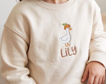 Personalized Kids Silly Goose Sweatshirt, Custom Name Pumpkin Goose Crewneck, Embroidered Fall Sweater, Cute Halloween Gift for Kids