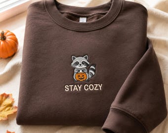 Kids Stay Cozy Raccoon Embroidered Sweatshirt, Cute Halloween Crewneck, Pumpkin Animal Sweater, Fall Gift for Boys and Girls, Kids Fall Gift