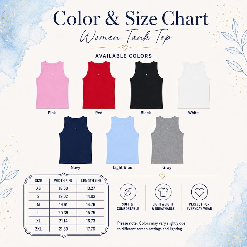May include: A color and size chart for a tank top featuring seven color options: pink, red, black, white, navy, light blue, and gray. A table lists sizes XS through 2XL with corresponding width and length measurements in inches for each size.