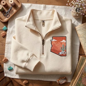 Embroidered Arizona Quarter Zip, National Park Sweatshirt, Saguaro, Grand Canyon Desert Pullover