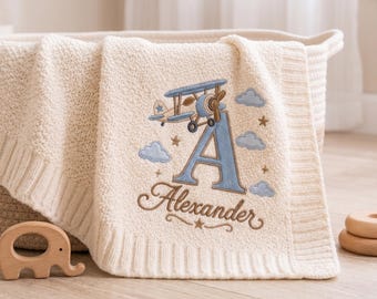 Personalized Airplane Knit Baby Blanket, Custom Name Nursery Throw, Embroidered Plane Keepsake