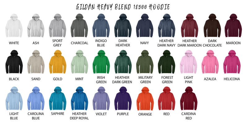 May include: A display of Gildan Heavy Blend 18500 hoodies in various colors, including white, black, navy, and red. The image shows the different color options available for the hoodie, with the name of each color displayed below.
