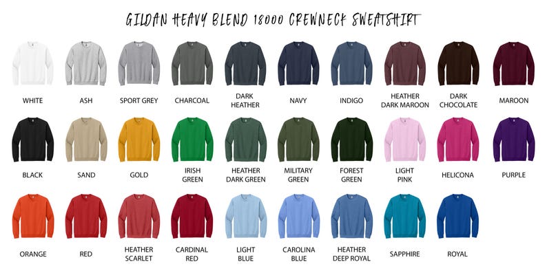 May include: A display of Gildan Heavy Blend 18000 crewneck sweatshirts in various colors, including white, black, navy, and red. The image shows the available colors with the name of each color below the sweatshirt.