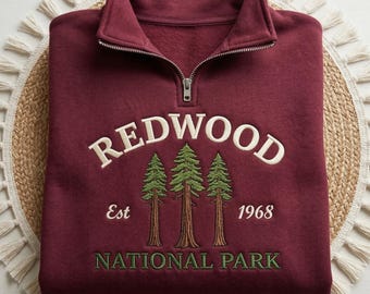 Redwood National Park Embroidered Quarter Zip Fleece, Vintage Outdoor Pullover