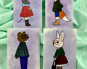 Cute Woodland Creatures Postcards – Set of 4 Handmade Art Prints – Animal Lover Gift