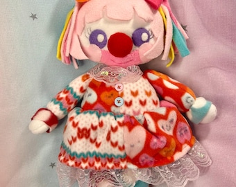 Handmade Valentine Clown Plushie - Cute Kawaii Circus Doll - Pastel Pink & Red Soft Stuffed Toy - Unique Gift for Clown Lovers