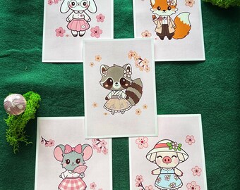 Cute Sakura Woodland Creatures Art Prints – Individual or set of 5 Handmade Art Prints – Animal Lover Gift