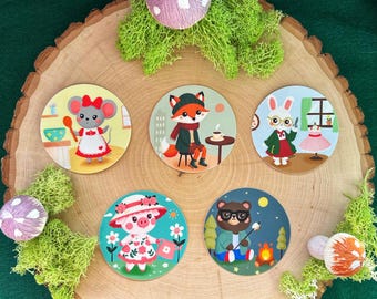 Cozy Forest Friends Vinyl Stickers – 3” Round – Handmade Woodland Animal Characters