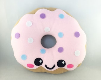 Handmade Big Donut Pink Strawberry Plushie with Sprinkles – Large Soft Stuffed Toy – Cute Kawaii Food Pillow – Unique Gift for Donut Lovers