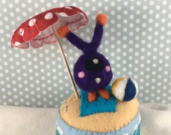 Handmade Needle Felted Alien Monster Plushie – “Monster’s Day Out at the Beach” – Collectible Art Toy