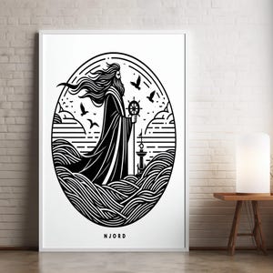 Njord Norse God Wall Art, Line Art Poster–Minimalist Printable Digital Download, Norse Mythology Print, Mythology Gift, Scandinavian Decor