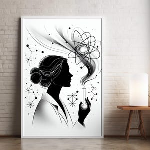 Marie Curie Minimalist Portrait: Atomic Science Wall Art, Feminist Inspiration Digital Download