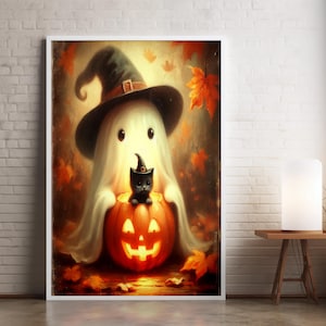 Halloween Cute Ghost and Black Kitten Wall Art - Printable Vintage Print - Spooky Season Digital Art