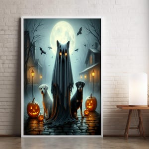 Halloween Black Cat in a Ghost Costume Wall Art -Printable Vintage Print - Spooky Season Digital Art