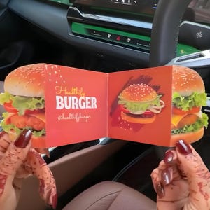 May include: A folded card with a burger illustration and the text "Healthily BURGER @healthilyburger" is held in front of a car's interior. The card features a burger with sesame seed bun, lettuce, tomato, and cheese.