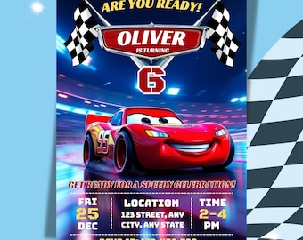 Invitación de cumpleaños de Cars, Invitación de cumpleaños, Invitación de Rayo McQueen, Invitación de cumpleaños infantil, Plantilla editable de Canva