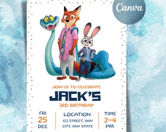 Zaproszenie urodzinowe Zootopia: Edytowalne cyfrowe zaproszenie na imprezę (5x7 cali) Zooptopia 2