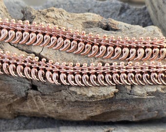 Handcrafted Copper Anklet | Leaf Pattern Left-Right Design Chain | Boho Tribal Foot Jewelry | Adjustable Handmade Gift for Women