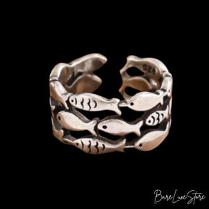 Sterling Silver Fish Ring: Adjustable Open Band, Ocean-Inspired Jewelry